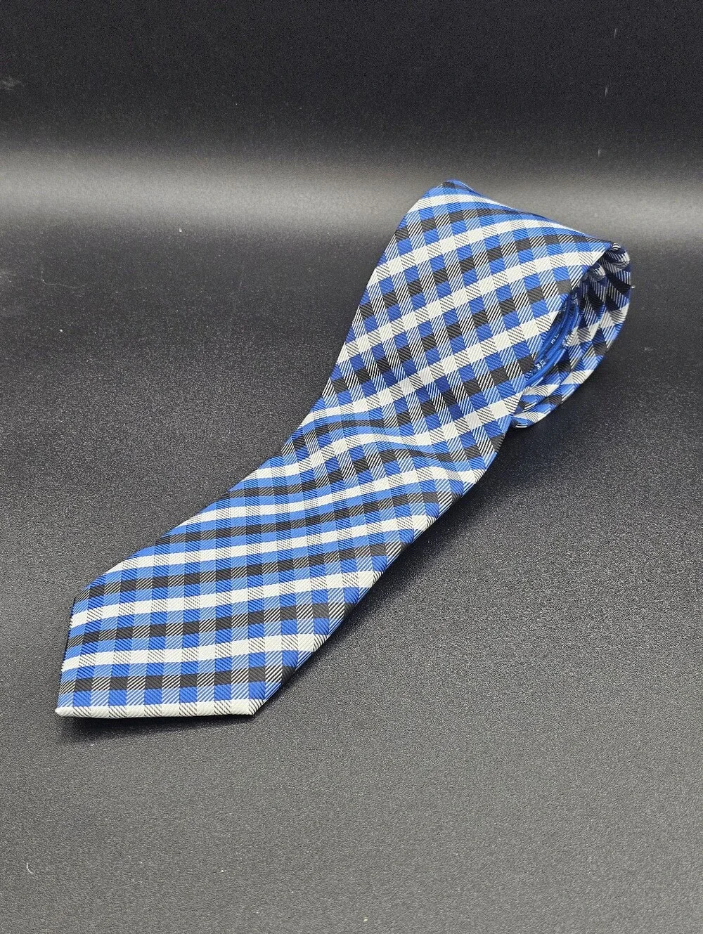 ESPN College GameDay Men's Blue White Black Plaid Check Microfiber Necktie
